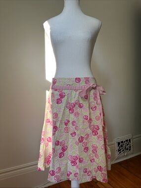 LEMON GRASS STUDIO Y2K Pink Floral Bow Preppy Coquette Midi Aline Skirt Sz 8